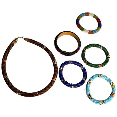 Vintage Beaded Necklace With 5 Beaded Bracelets