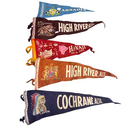 5 Vintage Pennants, Arcadia, Hawaii, High River, Cochrane