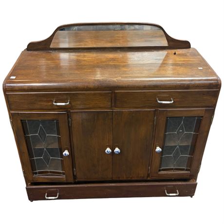 Vintage Mirror Topped Sideboard With Leaded Glass Doors & Painted Knobs
