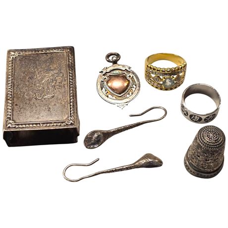 Assorted Sterling Silver, Thimble, Matchbox Cover, Ring, Earrings, Etc.�