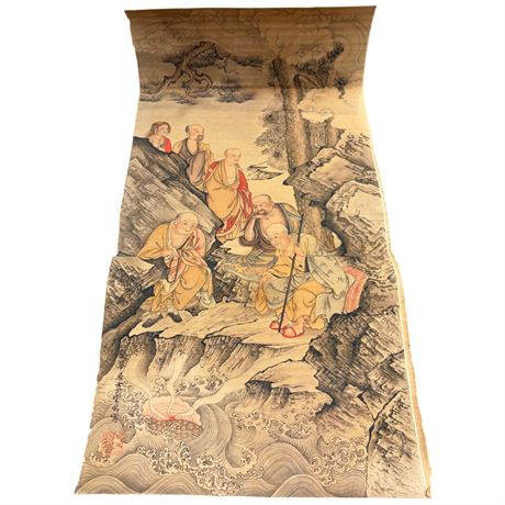 Vintage Asian Watercolor On Paper Of Wisemen Scene