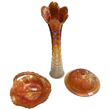 3 Vintage Carnival Glass Pieces, Bowl, Vase, Basket