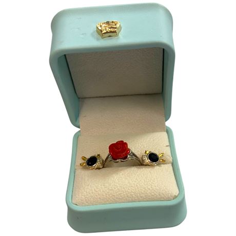 Coral Flower Ring With Black Stone Earrings