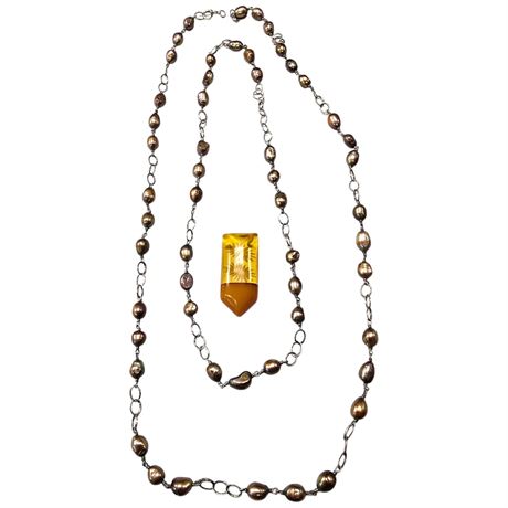 2 Pearl Necklaces, And Amber Resin Pendant