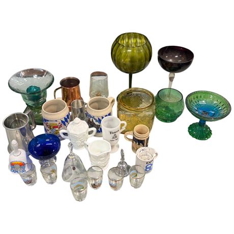 Assorted Collectible Glass Ware, Cups, Vases, Bell, Etc.