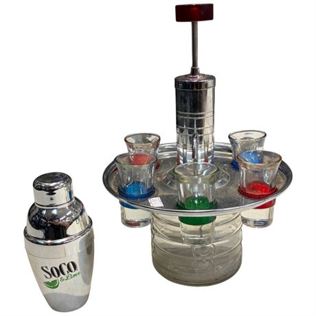 Vintage Chrome & Glass Shot Dispenser With Shot Glasses