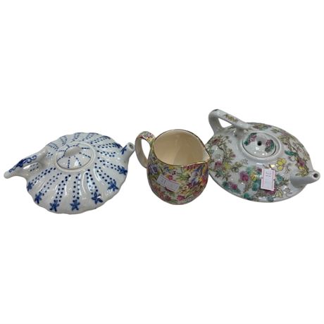 2 Vintage Miniature Asian Tea Pots & Wade Creamer