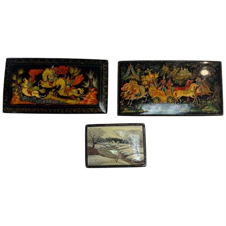 Vintage Lacquered Boxes With Military And Winter Scenes