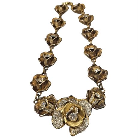 Vintage Craft Gold Tone Roses Necklace With Rhinestones