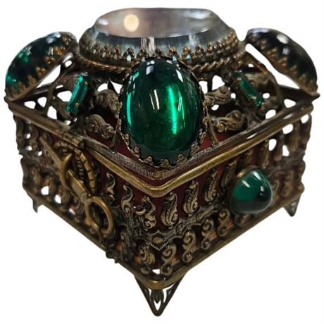 Vintage Ornate Trinket Box With Glass Top & Green Stones